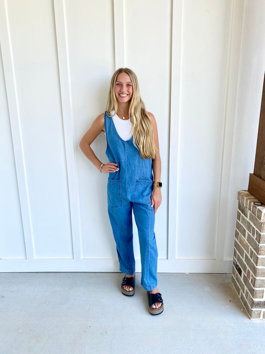 Light Wash Denim Relax Fit Jumpsuit with Front Pockets
