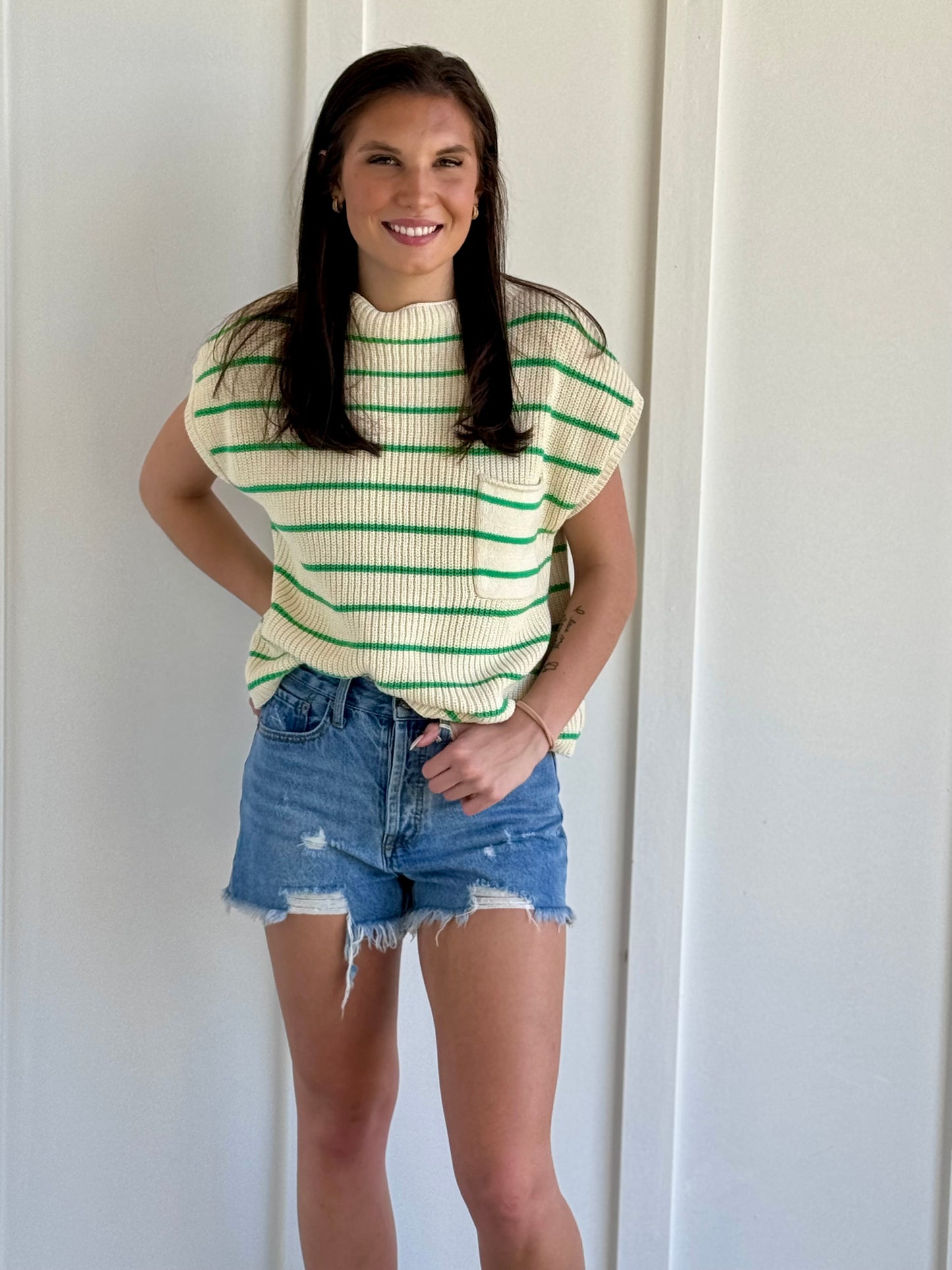 Cream and Green Stripe Sleeveless Sweater