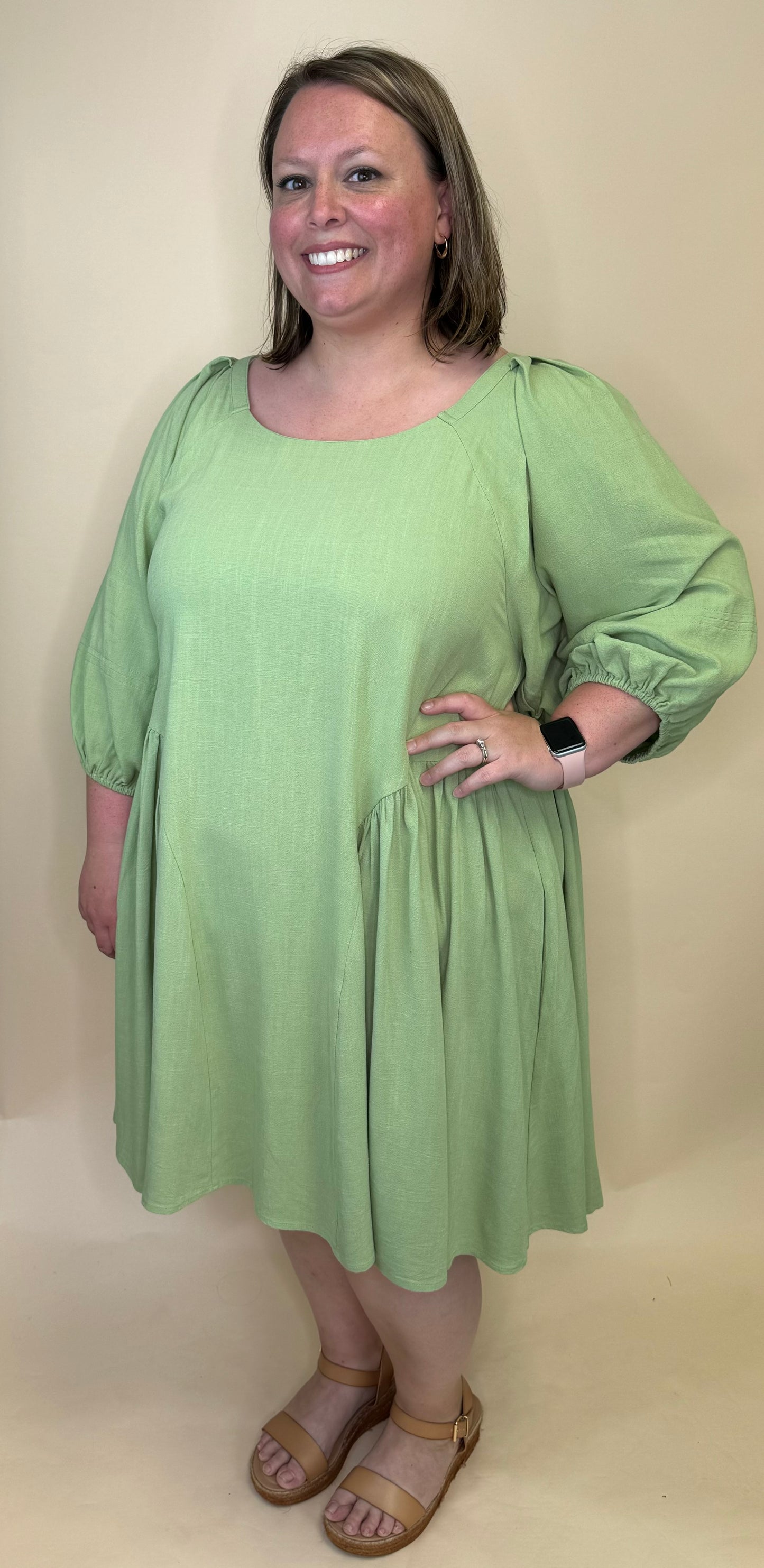 Linen Lilly Green 3/4 Sleeve Dress