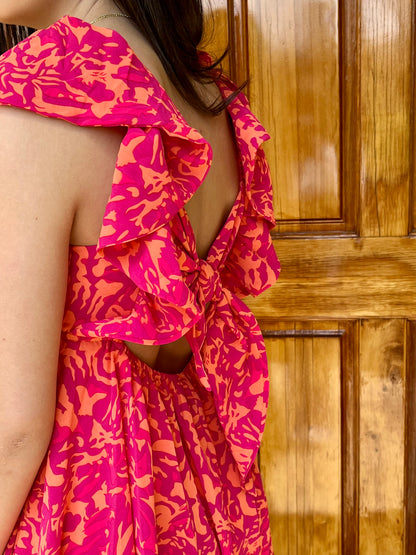 Orange & Pink Printed Back Tie Dress